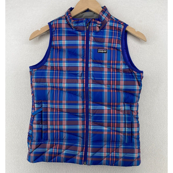 PATAGONIA Vest Girls M 10 Goose Down Puffer Plaid Full Zip Insulated Blue